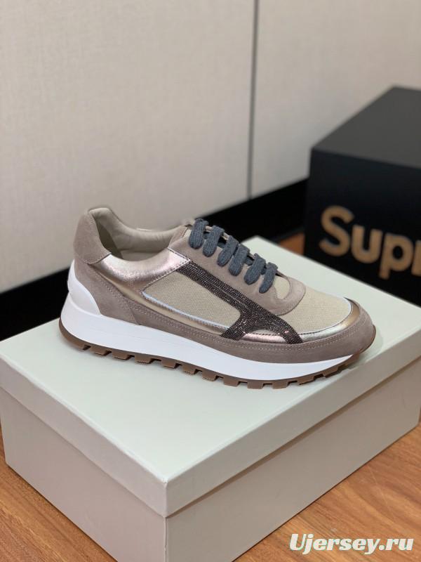 2025 Unisex Brunello Cucinelli Beige Grey Suede Mesh Sneakers LY