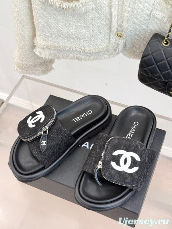 2025 CHANEL Black Fabric Slippers KFY00220