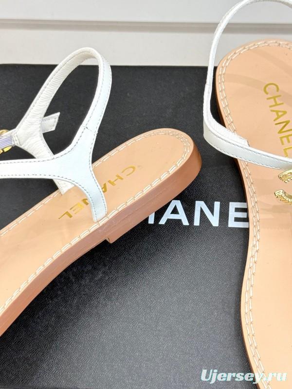 2025 Women Chanel White Leather Sandals KFY00290