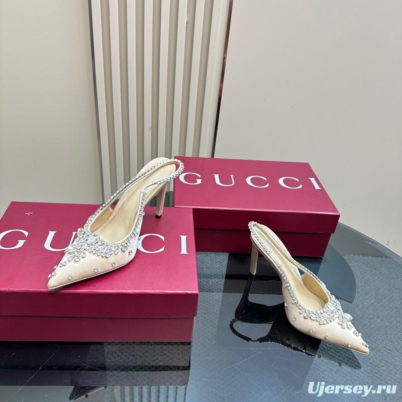 2025 Women Gucci Beige Silk Crystal Embellished Slingback Heels KFY00340