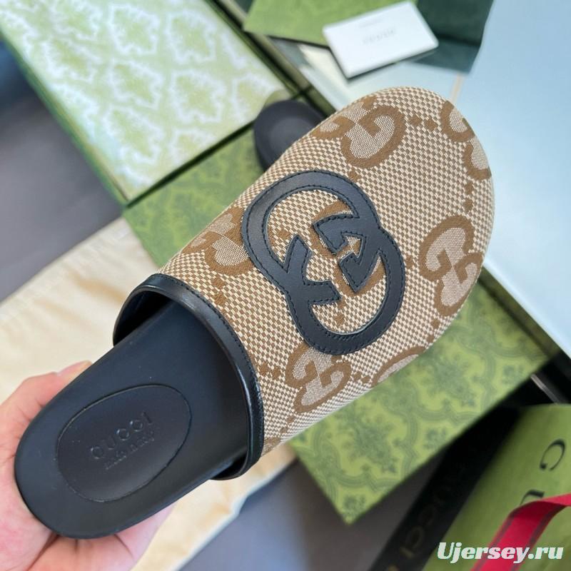 2024 Unisex Gucci Beige Brown Leather Slippers GG Pattern MJ00280