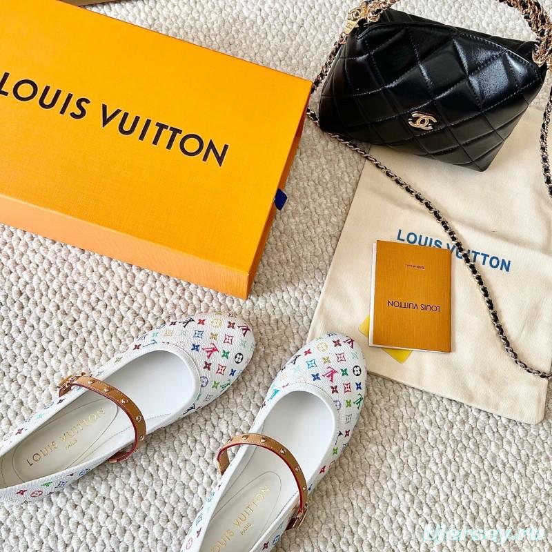 2025 Women Louis Vuitton White Multicolor Leather Ballet Flat