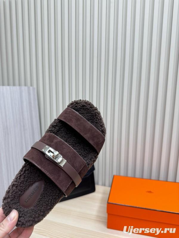 2024 Slippers Hermès Dark Brown Suede Shearling Slippers MJ00300