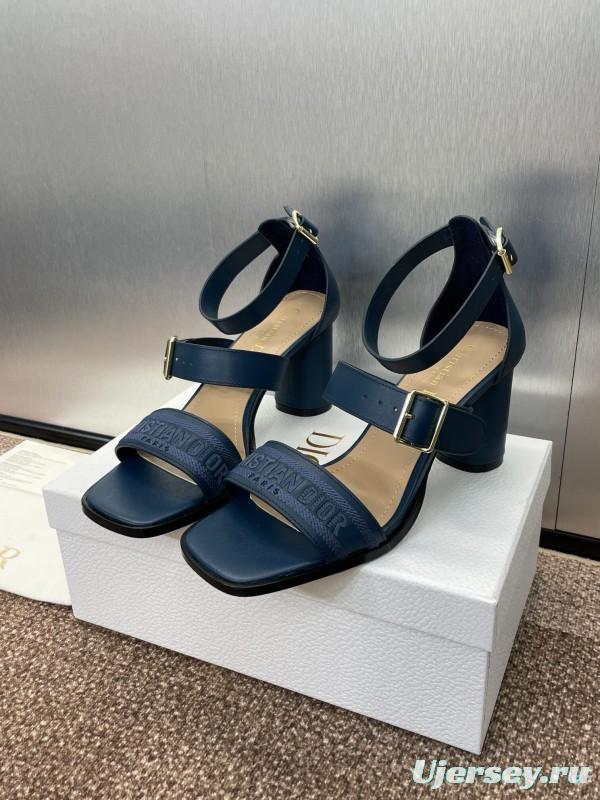 2025 Women Dior Navy Blue Leather Sandals Ankle Strap KFY00310