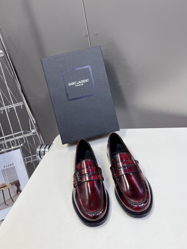 2025 Women Yves Saint Laurent Burgundy Calf Leather Loafers KFY00350