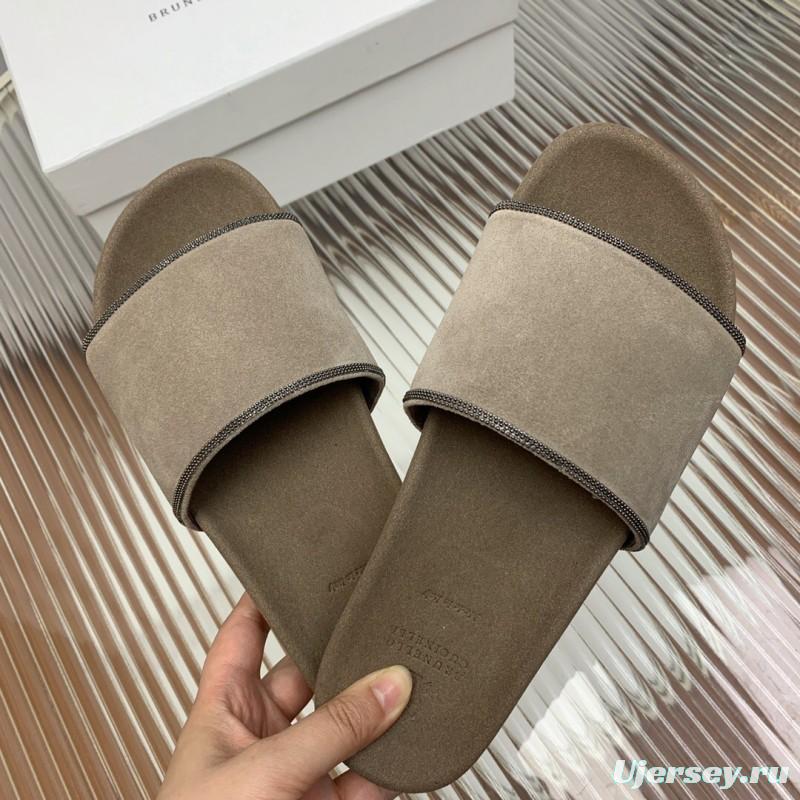 2025 Unisex Brunello Cucinelli Beige Suede Flat Slides Handcrafted With Rubber Sole KFY00240