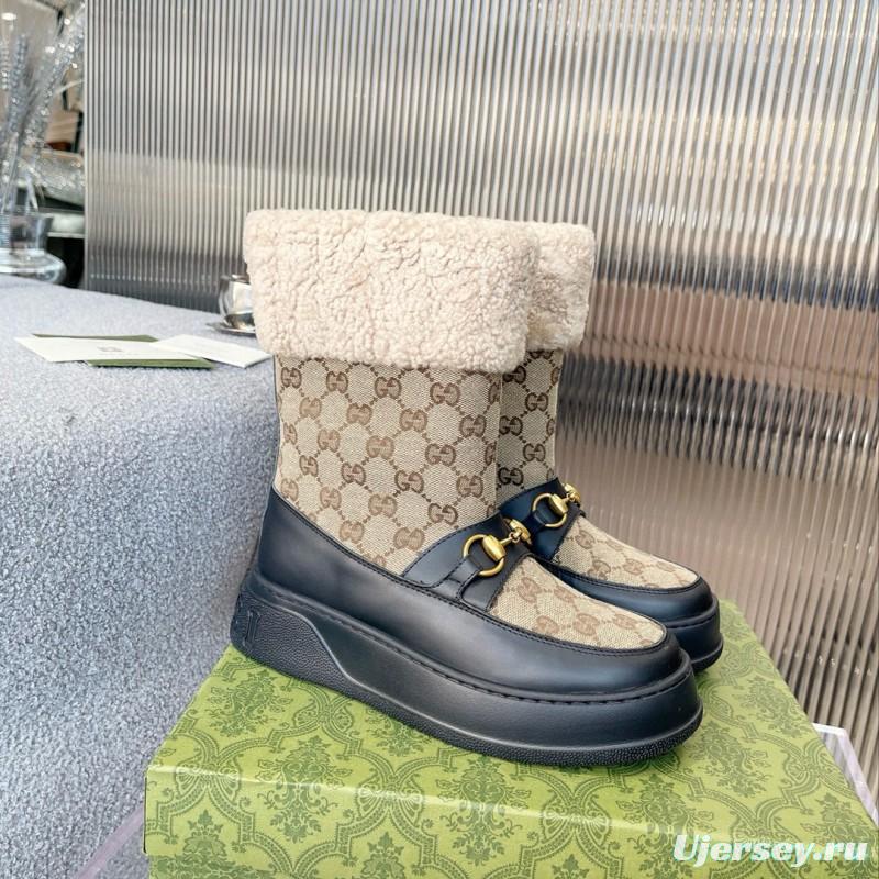 2024 Women Gucci Beige Brown Leather Snow Boots Horsebit MJ00420