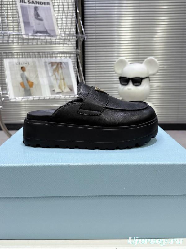 2025 Women Prada Black Leather Loafers