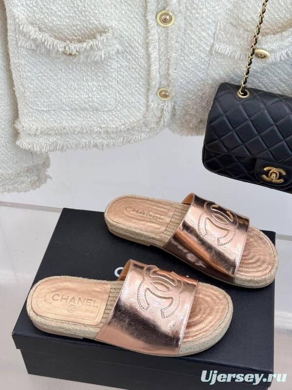 2025 Slippers Chanel Rose Gold Leather Women Espadrille Handmade KFY00230