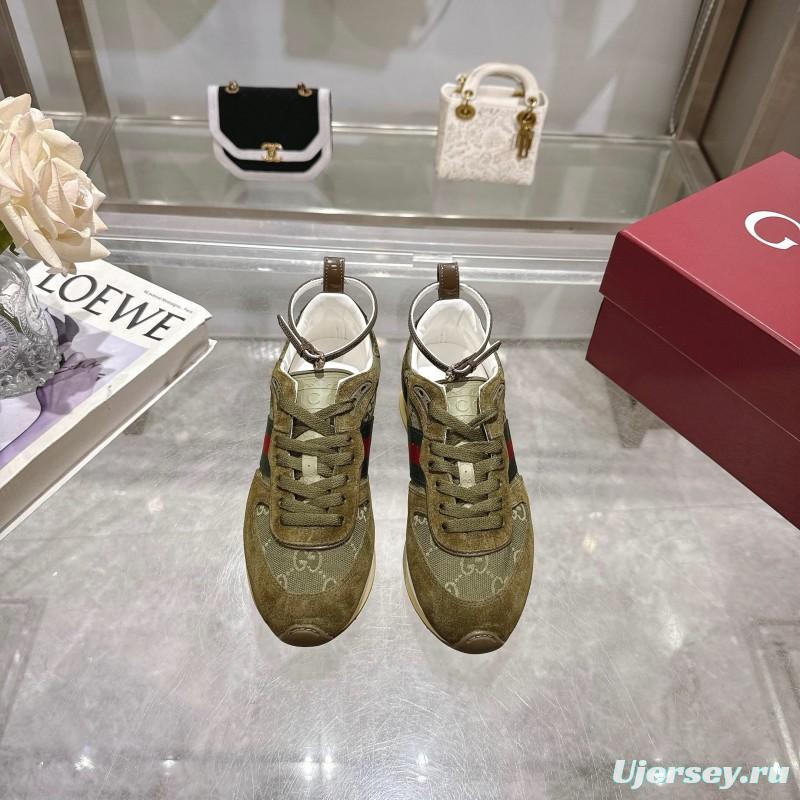 2025 Women Gucci Khaki Green Red Suede Mesh Sneakers LY00340