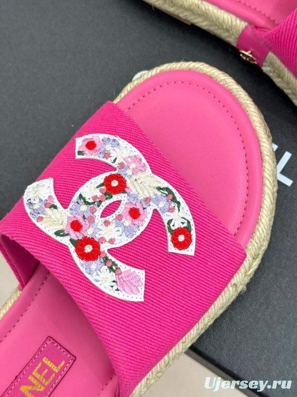 2025 Slippers Chanel Pink Canvas Espadrille Double C KFY00230