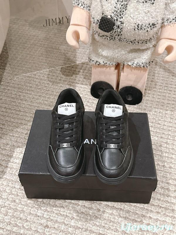 2025 Women Chanel Black Leather Sneakers
