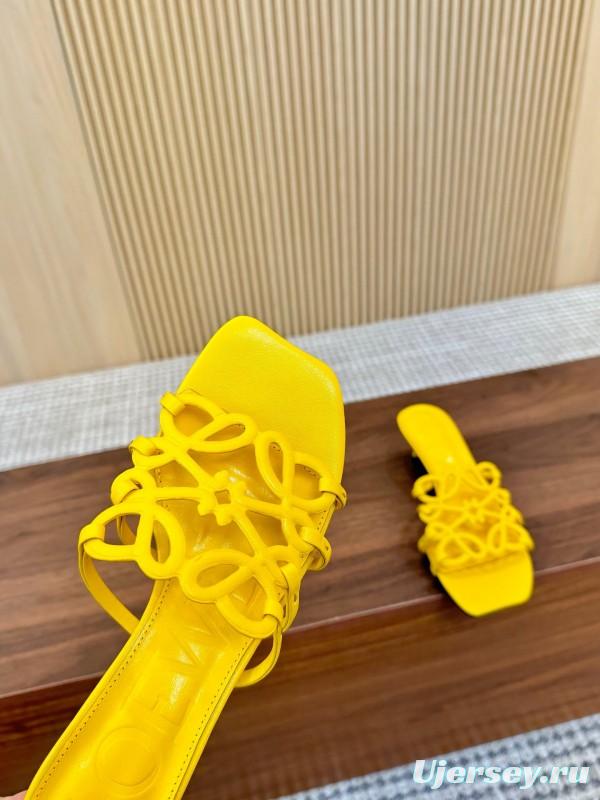 2025 Women Loewe Yellow Leather Heeled Mules LY00250