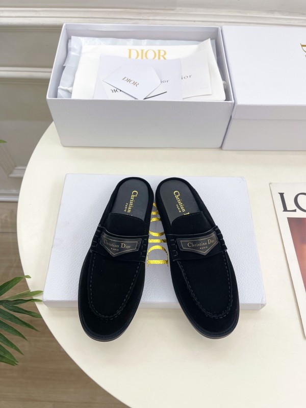 2025 Women Dior Black Leather Slip-On Loafers Crafted With Original Rubber Sole KFY00300(F)