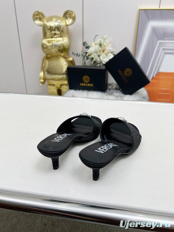 2025 Women VERSACE Black Silk Rhinestone Square Toe Sandals MJ00230