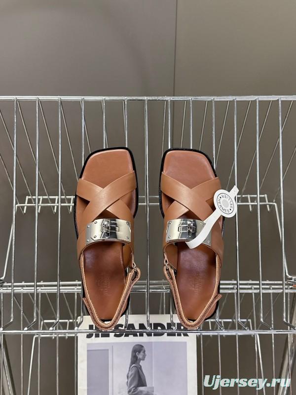 2025 Women Hermès Brown White Calfskin Leather Sandals Metal Hardware KFY00300