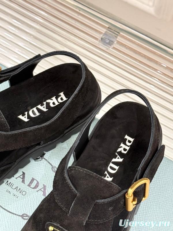 2025 Women Prada Black Suede Sandals