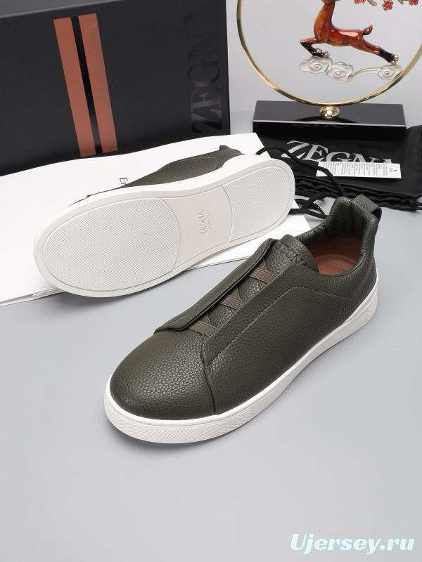 2024 Men Ermenegildo Zegna Dark Green Leather Sneakers MJ00240
