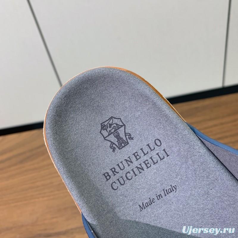 2025 Unisex Brunello Cucinelli Blue Suede Leather Slippers KFY00250