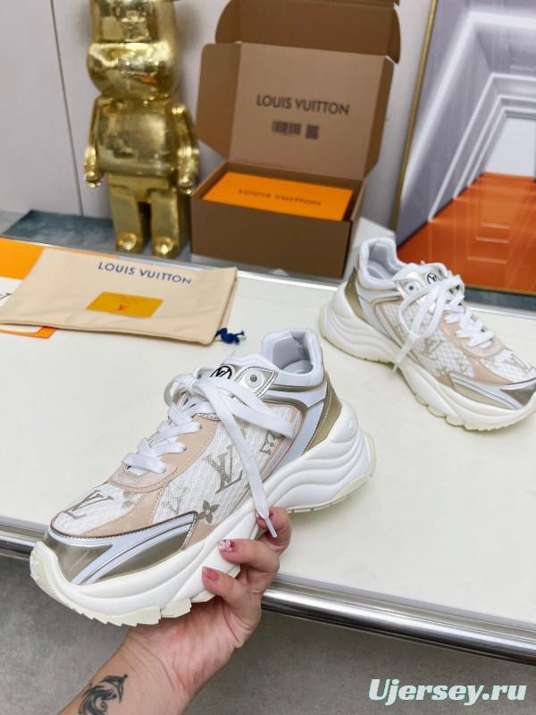 2025 Women Louis Vuitton White Beige Mesh Leather Sneakers LY00340