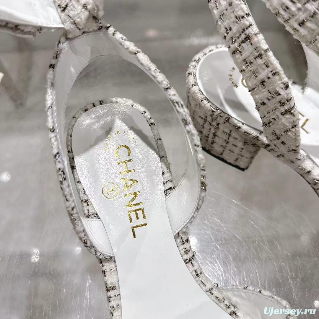 2025 Women Chanel White Black Tweed Leather Sandals LY00280