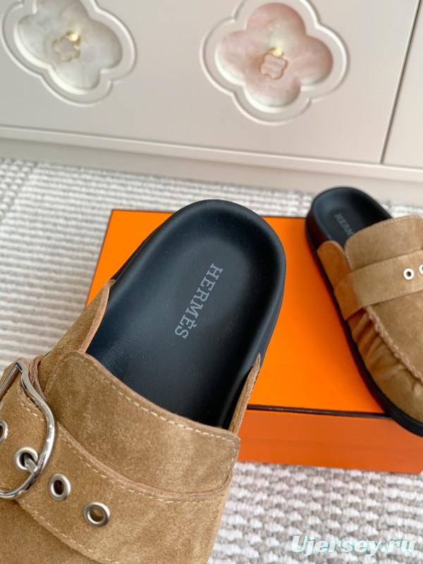 2025 Women Hermès Deep Brown Suede Mule Buckle KFY00290