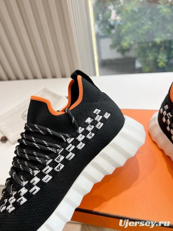 2024 Unisex Hermès Black White Orange Calfskin Suede Sneakers MJ00290