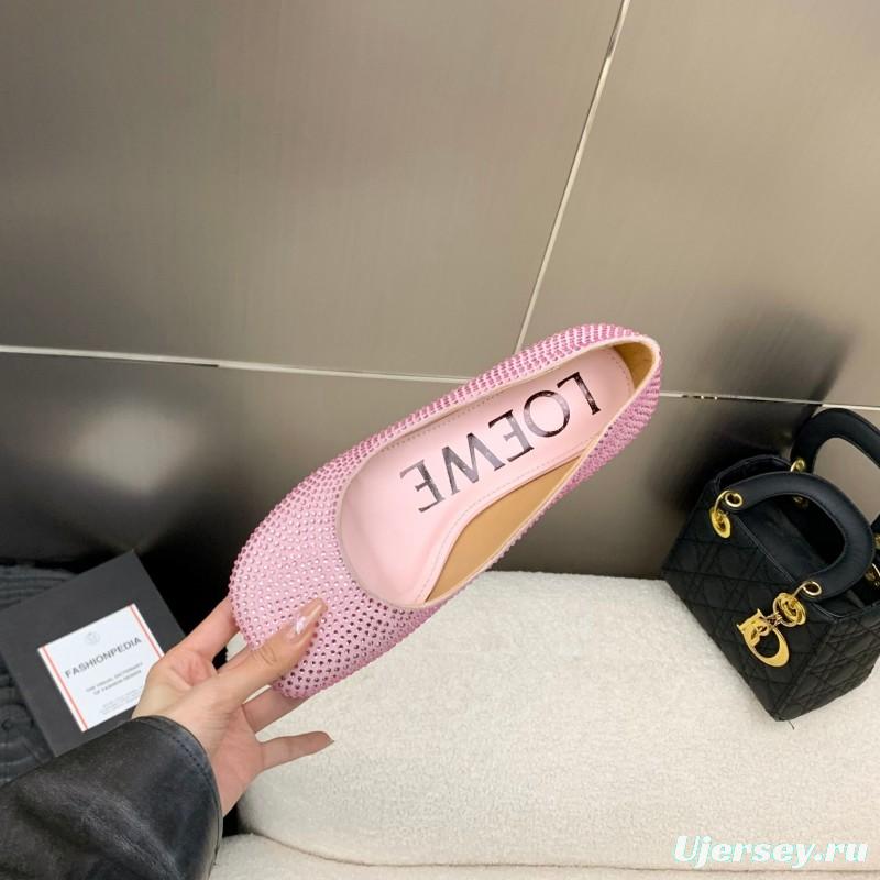 2025 Women Loewe Pink Lambskin Rhinestone Ballet Flats LY00291