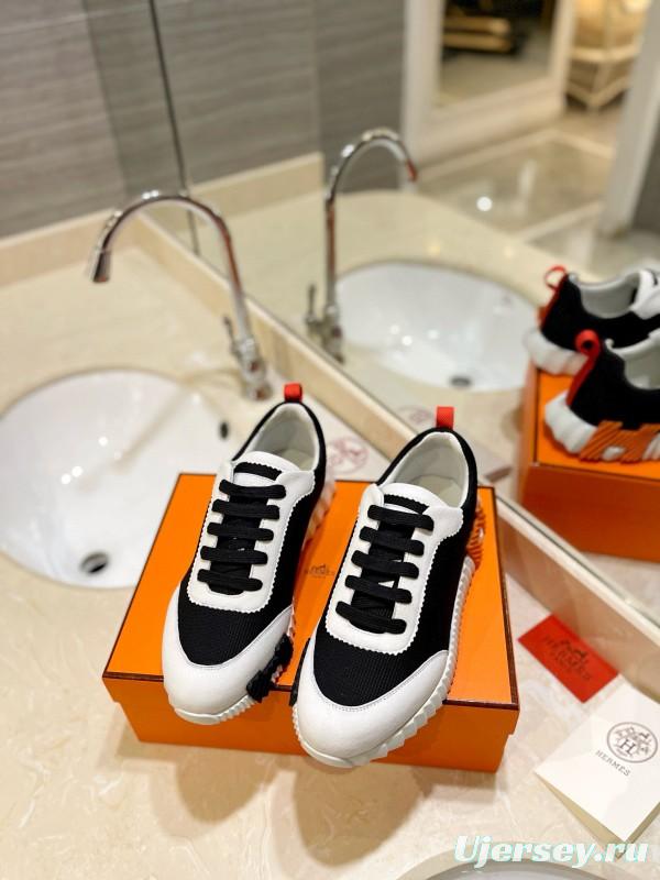 2024 Unisex Hermès black white leather mesh sneakers