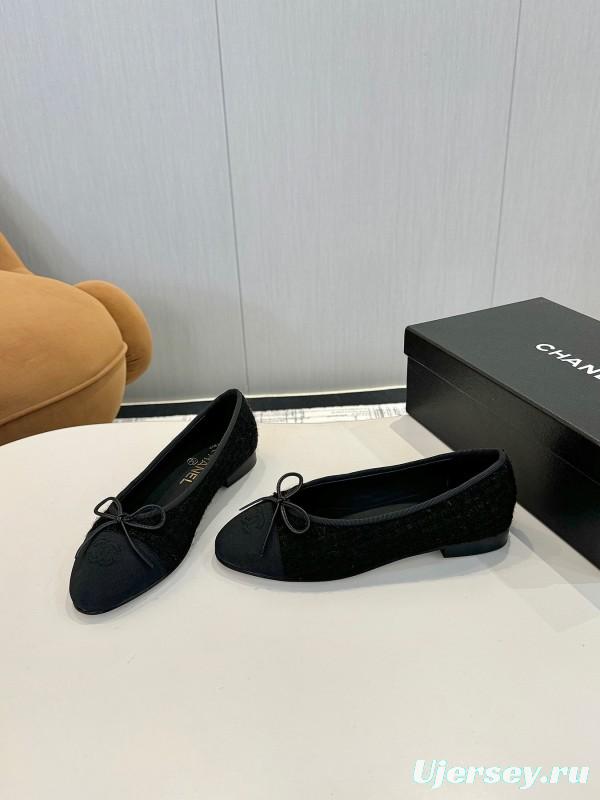 2025 Women Chanel Black Lambskin Tweed Ballet Flats LY00250
