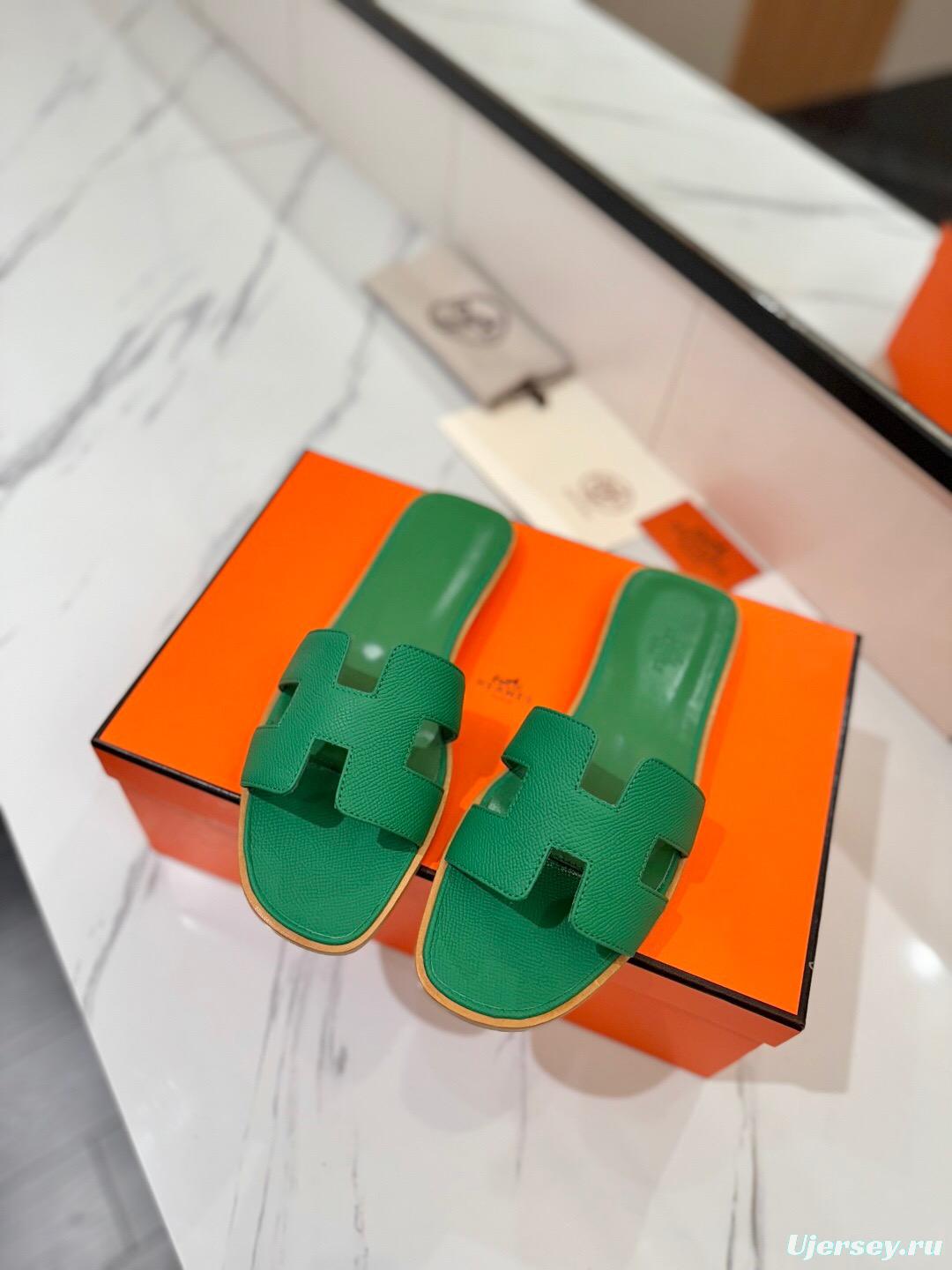2025 Women Hermès Green Leather Slippers