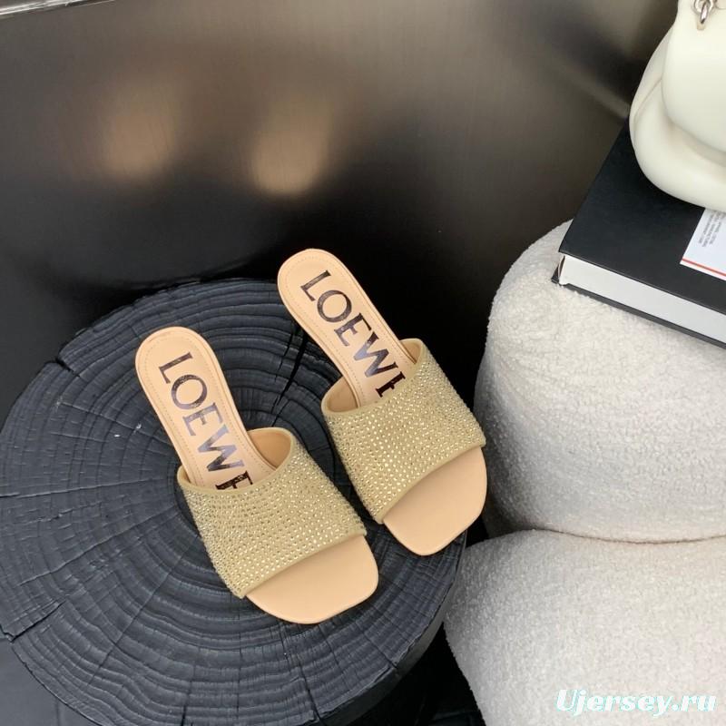 2025 Women Loewe Beige Rhinestone Leather Slippers LY00240