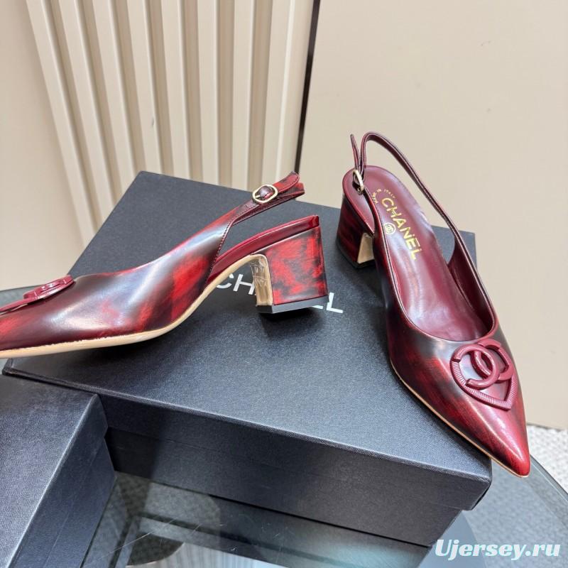 2025 Women Chanel Burgundy Leather Slingback Heels KFY00290