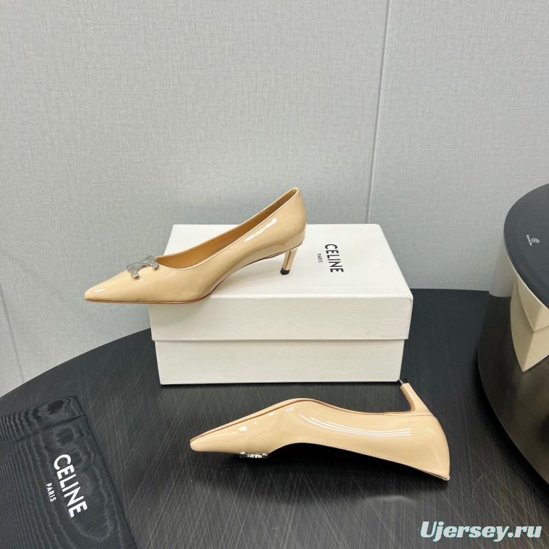 2025 Women Celine Beige Patent Leather Pointed Toe Heel Metal Ornament KFY00290