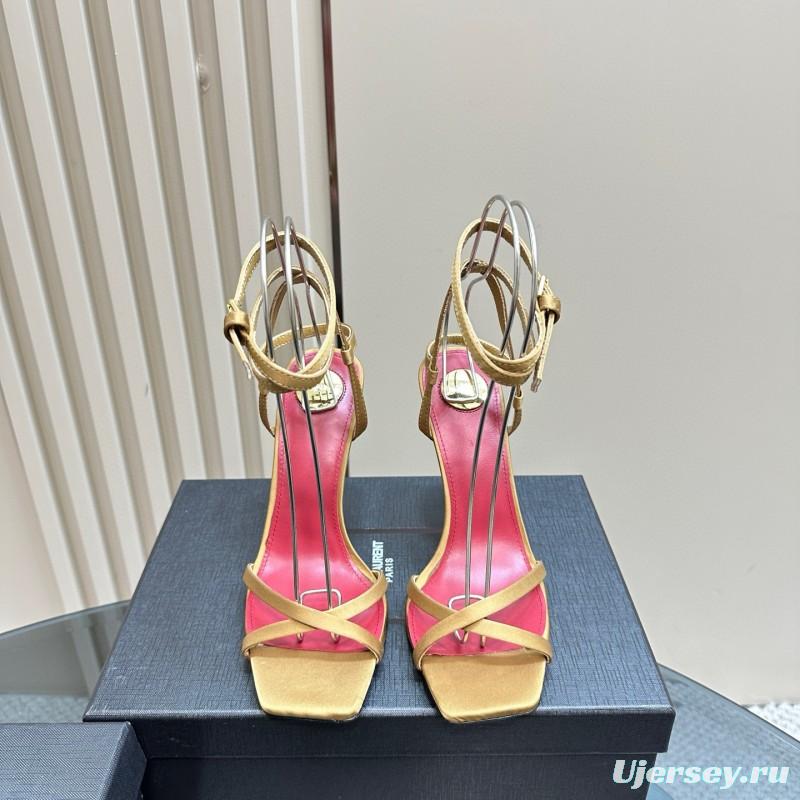 2025 Women Yves Saint Laurent Yellow Silk Strappy Heels