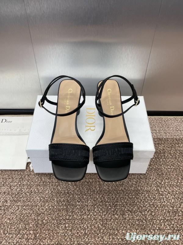 2025 Women Dior Black Leather Fabric Sandals