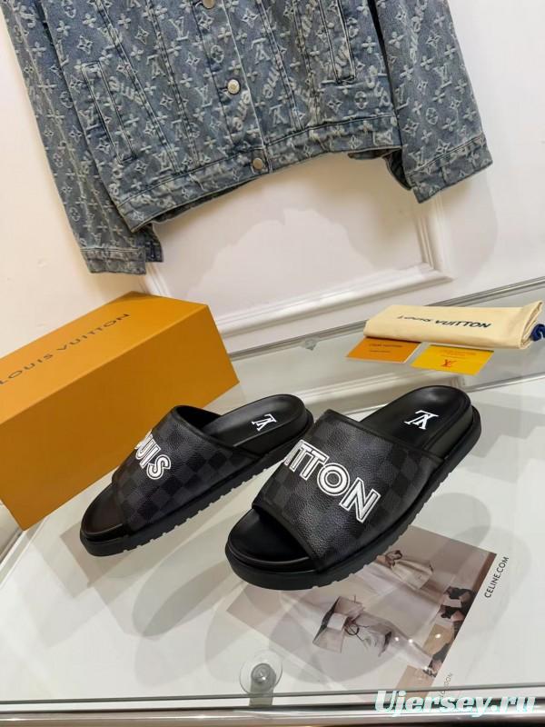 2025 Slippers Louis Vuitton Black Leather Slippers LY