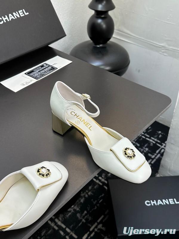 2025 Women Chanel White Leather Chunky Heel Metal Decoration LY00360
