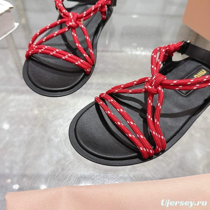 2025 Women Miu Miu Red Black Leather Rope Sandals KFY00200