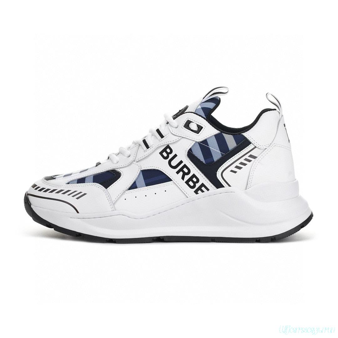 2025 Unisex Burberry White Blue Suede Leather Sneakers Vintage Check MJ00380