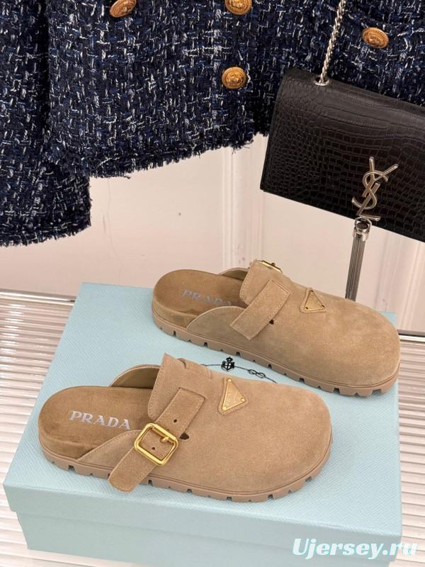 2025 Women Prada Beige Suede Clogs Buckle KFY00280