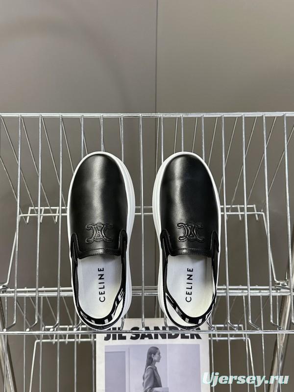 2025 Women CELINE Black White Leather Slip-On Sneakers LY00280