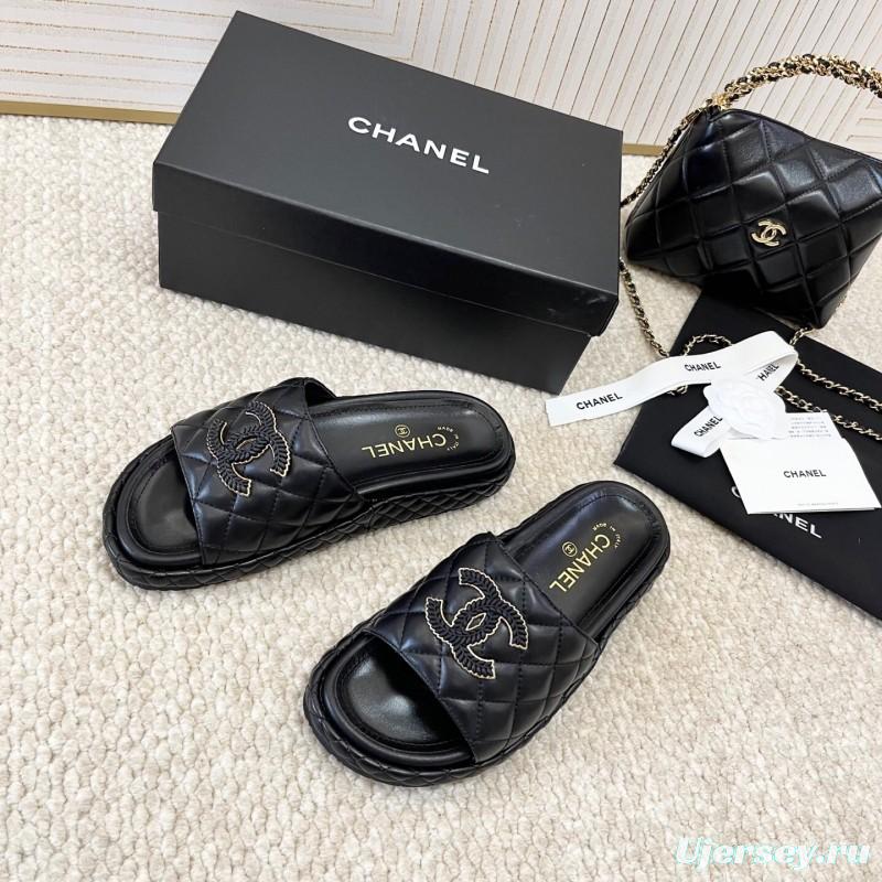 2025 Chanel Black Leather Slippers CC Stitching KFY00290