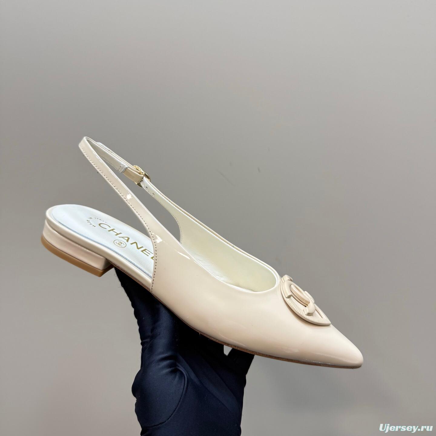 2025 Women Chanel Beige Patent Leather Slingback Heels KFY00290