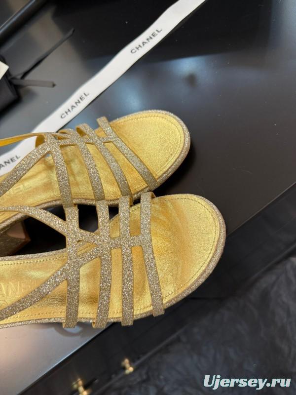 2025 Women Chanel Gold Fabric Sandals KFY00289