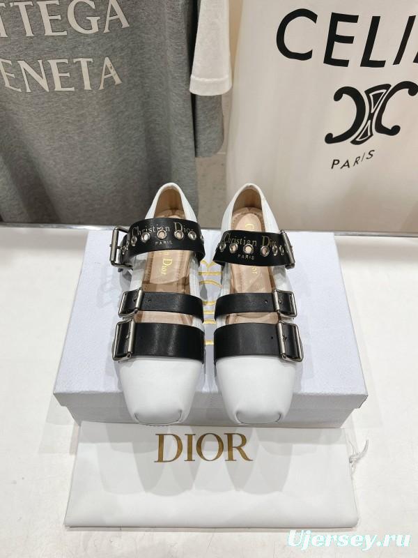 2025 Women Dior White Black Leather Mary Jane Buckle KFY00300