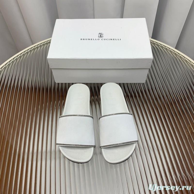 2025 Unisex Brunello Cucinelli White Imported Suede Flat Slide Sandals Handmade Beaded Chain Inlay KFY00240