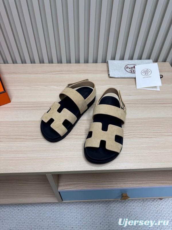2025 Slippers Hermès Beige Black Suede Leather Sandals