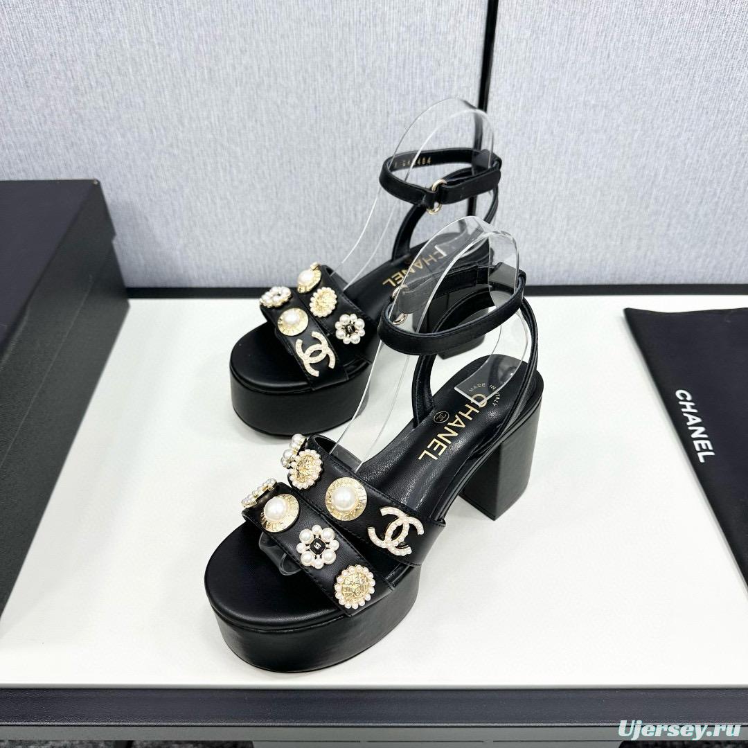 2025 Women Chanel Black Leather Platform Sandals MJ00310