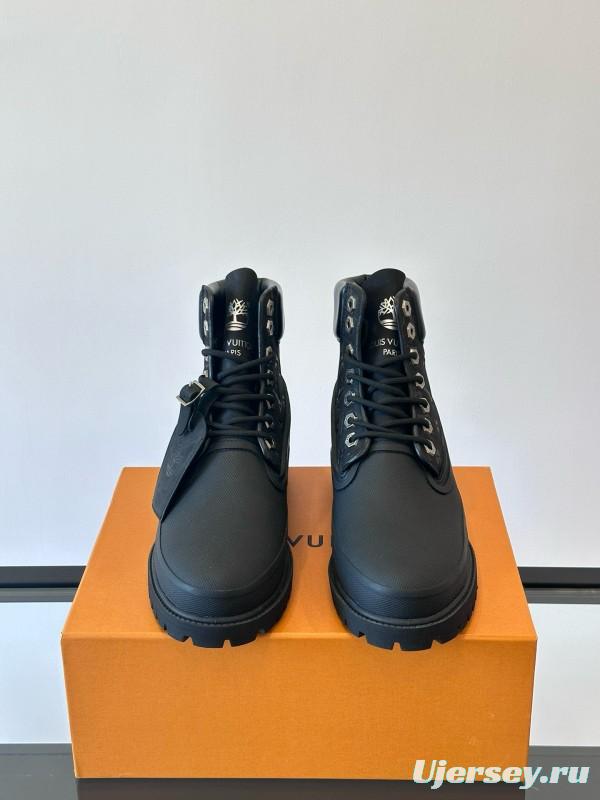 2024 Men Louis Vuitton Black Leather Monogram Work Boots MJ00390